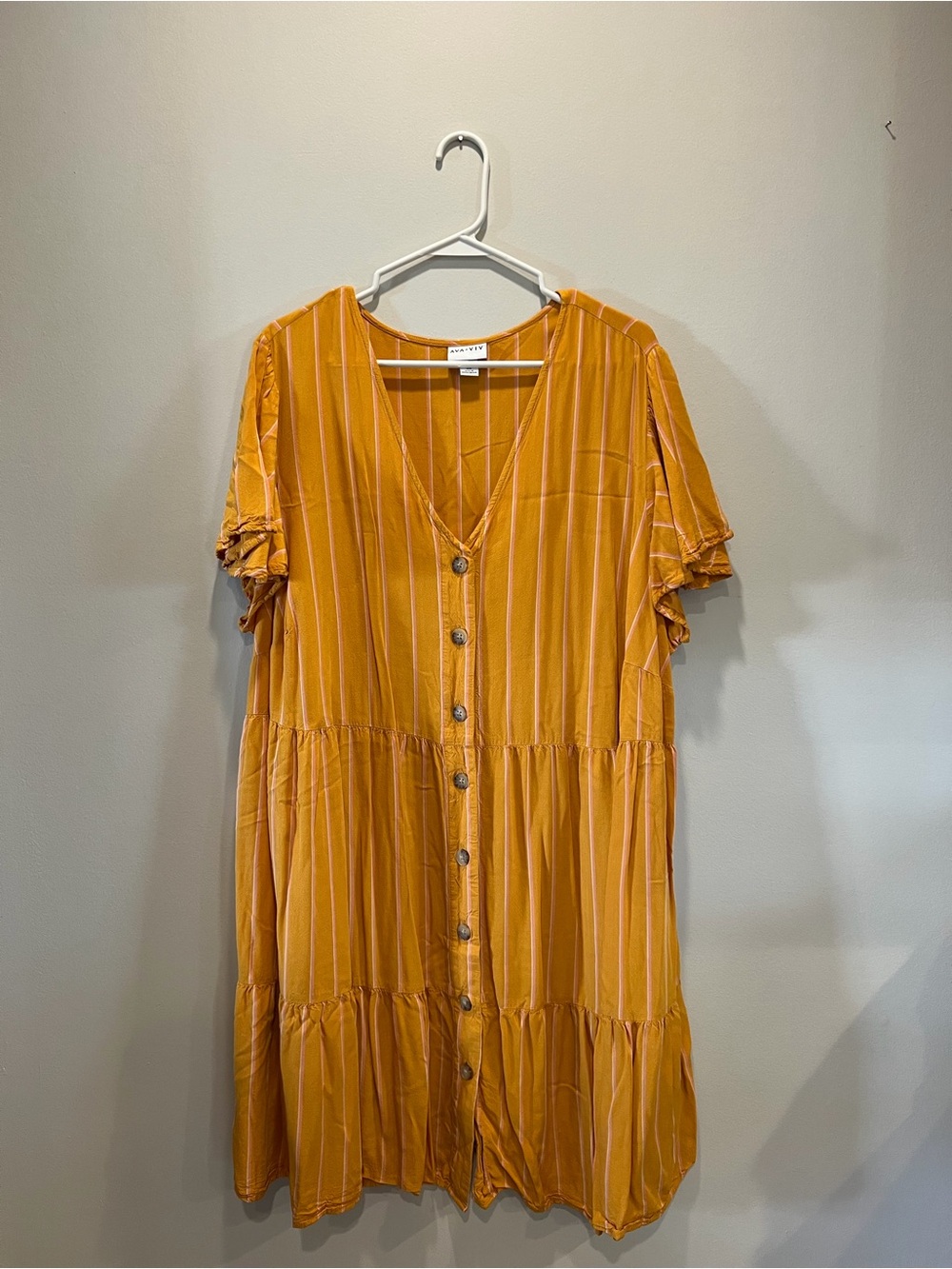 Ava & Viv Mustard Yellow Striped Button-Front Tiered Dress